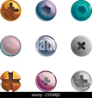 Jeu d'icônes de tête de boulon de vis. Ensemble de dessins animés de 9 icônes vectorielles de tête de boulon de vis pour la conception Web isolé sur fond blanc. Jeu d'icônes de tête de boulon de vis, style de dessin animé Illustration de Vecteur