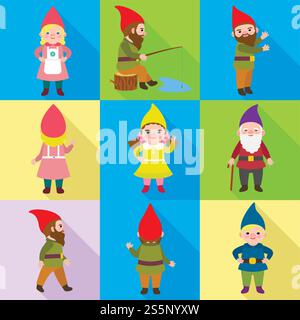 Petit jeu d'icônes gnome. Ensemble plat de 9 petites icônes vectorielles de gnome pour la conception Web isolé sur fond blanc. Ensemble d'icônes Little gnome, style plat Illustration de Vecteur