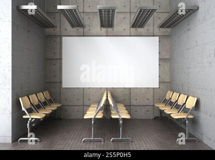 Illustration 3D, panneau d'affichage horizontal maquette sur le mur dans la zone d'attente sur la rangée de siège, espace vide pour insérer votre publicité, rendu Banque D'Images