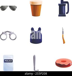 Icône de protection police définie. Ensemble de dessins animés de 9 icônes vectorielles de protection de police pour la conception de Web isolé sur fond blanc. Ensemble d'icônes de protection de police, style de dessin animé Illustration de Vecteur