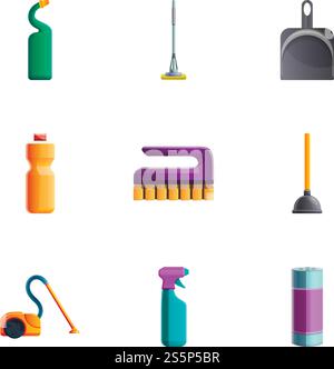 Jeu d'icônes d'outils de nettoyage de la maison. Ensemble de dessins animés de 9 icônes vectorielles d'outils de nettoyage à la maison pour la conception Web isolé sur fond blanc. Jeu d'icônes d'outils de nettoyage à la maison, style de dessin animé Illustration de Vecteur