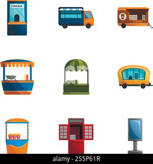 Jeu d'icônes City Street Shop. Ensemble de dessins animés de 9 icônes vectorielles de magasin de rue de ville pour la conception de Web isolé sur fond blanc. Jeu d'icônes de magasin de rue de ville, style de bande dessinée Illustration de Vecteur