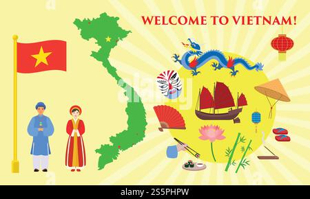 Bienvenue sur la bannière Vietnam concept. Illustration plate de bienvenue à la bannière de concept de vecteur Vietnam pour la conception Web. Bienvenue à Vietnam concept bannière, style plat Illustration de Vecteur
