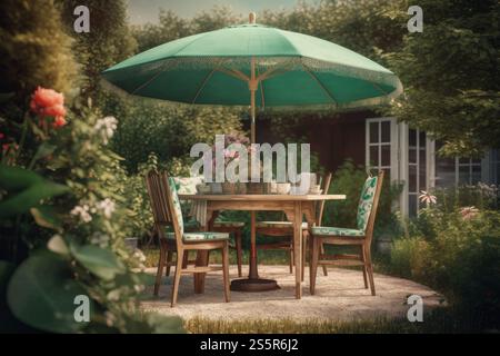 Table chaises parasol. Vacances en plein air. Générer ai Banque D'Images