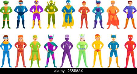 Icônes de super-héros définies. Ensemble de dessins animés d'icônes vectorielles de super-héros pour la conception Web. Icônes de super-héros définies, style de bande dessinée Illustration de Vecteur