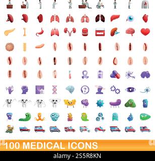 jeu de 100 icônes médicales. Illustration de dessin animé de 100 icônes médicales ensemble de vecteur isolé sur fond blanc. ensemble de 100 icônes médicales, style cartoon Illustration de Vecteur