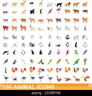 ensemble de 100 icônes d'animaux. Illustration de dessin animé de 100 icônes animales ensemble de vecteur isolé sur fond blanc. ensemble de 100 icônes animales, style de dessin animé Illustration de Vecteur