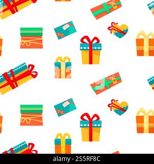 Modèle sans couture de vacances de Noël de cadeaux et de cadeaux dans des boîtes décorées avec des rubans d'arcs et des papiers d'emballage boîtes-cadeaux vectorielles de différentes formes célébration des conteneurs de Noël joyeux événement d'hiver. Motif sans couture de vacances de Noël de cadeaux et de cadeaux Illustration de Vecteur