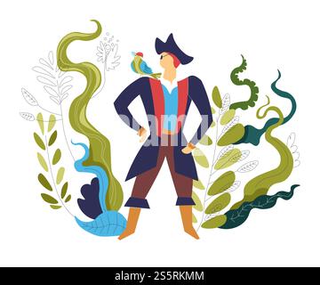 Pirate portant le chapeau de commandant spécial et costume de personnes dangereuses vecteur feuillage et feuilles frondage décoration d'algues et mâle avec perroquet assis sur l'épaule mâle avec un oeil et patch .. Pirate portant un chapeau de commandant spécial et des gens costumés Illustration de Vecteur