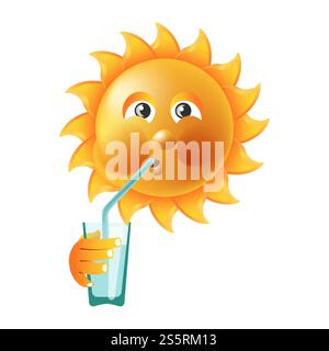 Sourire de soleil ou émoticône de dessin animé d'été et emoji expression de visage ensoleillé. Icône isolée de vecteur de caractère souriant brillant. Sourire de soleil ou émoticône de dessin animé d'été et emoji expression de visage ensoleillé. Illustration de Vecteur