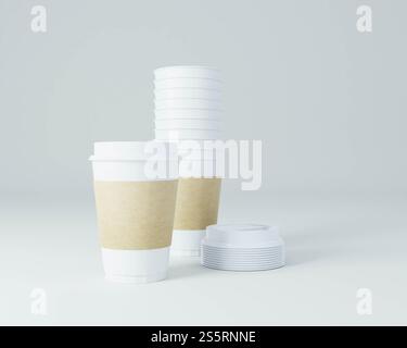 Un paquet utilisé pour le café avec des tasses à café. Banque D'Images