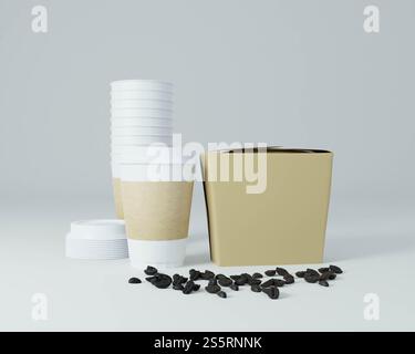 Un paquet utilisé pour le café avec des tasses à café. Banque D'Images