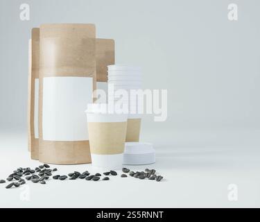 Un paquet utilisé pour le café avec des tasses à café. Banque D'Images