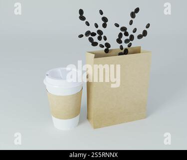 Un paquet utilisé pour le café avec des tasses à café. Banque D'Images