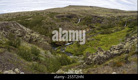 Vue sur la vallée du Gjain, photo panoramique, Islande du Sud, Islande, Europe Banque D'Images