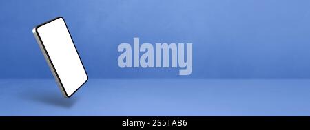 Smartphone vierge flottant sur un fond bleu. Illustration isolée 3D. Modèle de bannière horizontale. Smartphone flottant isolé sur bleu. Banque D'Images