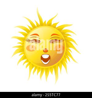Sourire de soleil ou émoticône de dessin animé d'été et emoji expression de visage ensoleillé. Icône isolée de vecteur de caractère souriant brillant. Sourire de soleil ou émoticône de dessin animé d'été et emoji expression de visage ensoleillé. Illustration de Vecteur