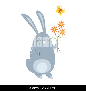 Lapin avec bouquet de fleurs et papillon volant vecteur lapin souriant et tenant des plantes en fleurs sur la main mouche avec des ailes colorées saison de printemps et animal à fourrure heureux avec de longues oreilles petit lièvre. Lapin avec bouquet de fleurs et papillon volant Illustration de Vecteur