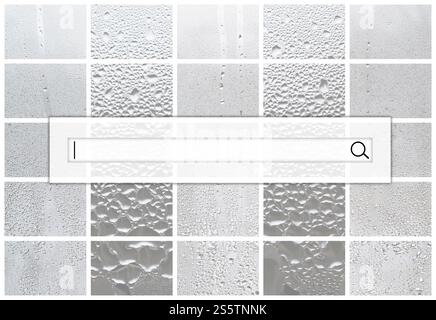 Le champ de recherche est situé au-dessus du collage de nombreux fragments de verre différents, décorés avec des gouttes de pluie du condensat. Noir et blanc Banque D'Images