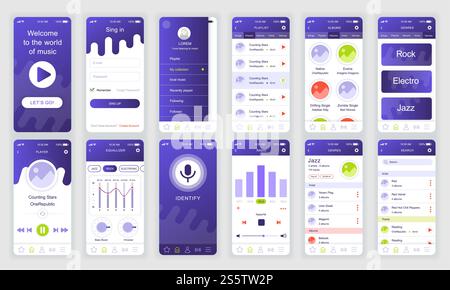 Ensemble d'écrans d'interface utilisateur, UX, GUI modèle de conception plate d'application musicale pour applications mobiles, sites Web dynamiques. Kit d'interface utilisateur de conception Web. Tableau de bord musique. Banque D'Images