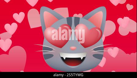 Image des icônes cœur rouge flottant et chat sur fond rouge Banque D'Images