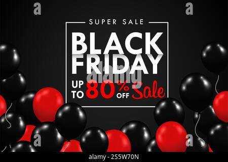 Des ballons noirs et rouges flottent. Avec une boîte de texte spéciale de vente BLACKFRIDAY pendant le week-end Banque D'Images