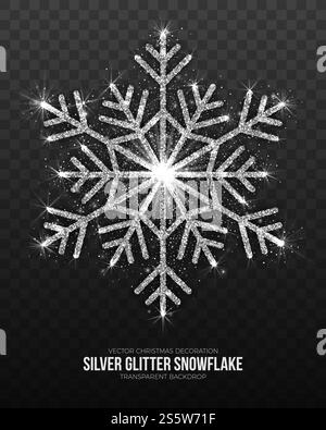 Élément de conception de Noël élégant flocon de neige brillant argenté isolé sur fond transparent. Joyeux Noël et bonne année symbole décoration. vecteur Banque D'Images