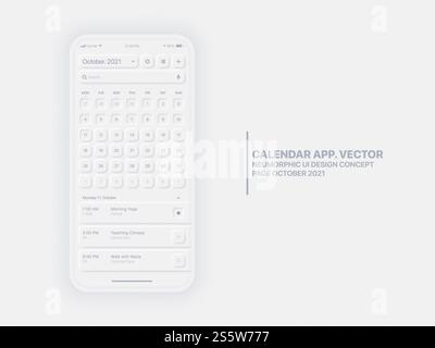 Calendrier Mobile App page octobre avec Task Manager Conceptual UI UX Neumorphic Design Template vecteur Banque D'Images