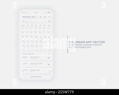 Neumorphic Design Calendar Mobile App page septembre avec Task Manager Conceptual UI UX template Banque D'Images