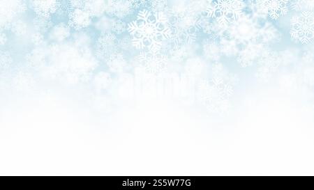 Effet de neige tombante de Noël avec des flocons de neige blancs sur fond bleu clair. Vecteur 3D effet chute de neige Banque D'Images