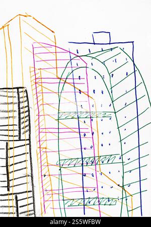esquisse dessinée à la main de formation du quartier des affaires sur papier blanc par des stylos de couleur Banque D'Images