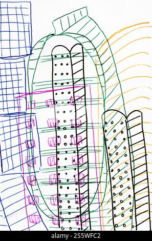 dessin dessiné à la main de formation de gratte-ciel sur papier blanc par des stylos de couleur Banque D'Images