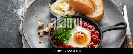 Oeufs Shakshuka dans une casserole avec du pain sur un fond sombre. Oeufs pochés dans une sauce épicée au poivre tomate. Œufs brouillés juifs traditionnels. Vue de dessus. PA Banque D'Images