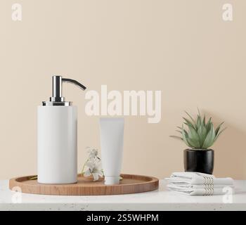 Presser la bouteille et la bouteille de pompe pour les cosmétiques sur fond rose., style 3D. Banque D'Images