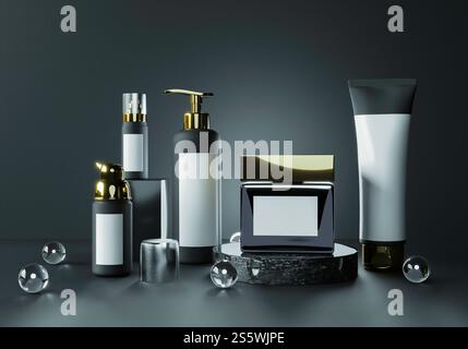 Flacon de pompe, pot de crème et tube de pressage sur fond noir. Banque D'Images