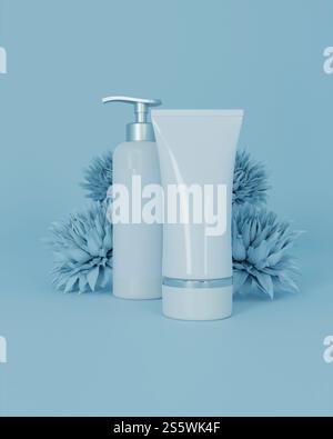 Bouteille de compression et bouteille de pompe pour les cosmétiques sur fond cyan pastel., style 3D. Banque D'Images