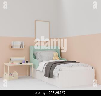 Illustration 3D, cadre photo vierge pour maquette dans la chambre des enfants, intérieur style scandinave dans la chambre des enfants avec thème pastel, rendu Banque D'Images