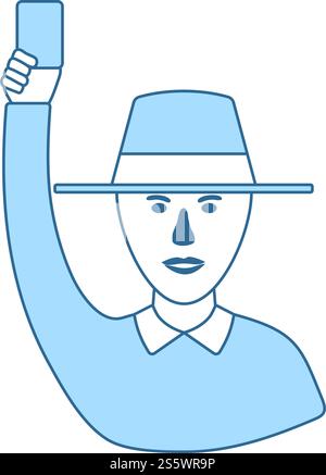 Juge-arbitre de cricket avec main tenant l'icône de carte. Fine ligne de remplissage bleu avec Design. Vector Illustration. Illustration de Vecteur