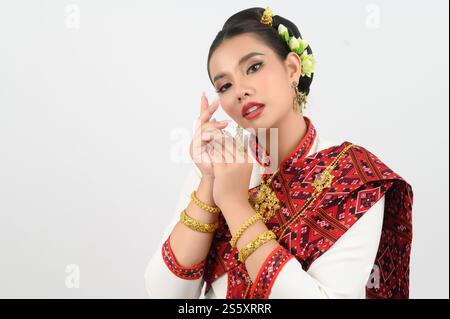 Portrait de belle femme en Thai Northern Traditional Clothing debout posant, jolie femme asiatique en costume Thai Lanna avec un sourire charmant Banque D'Images