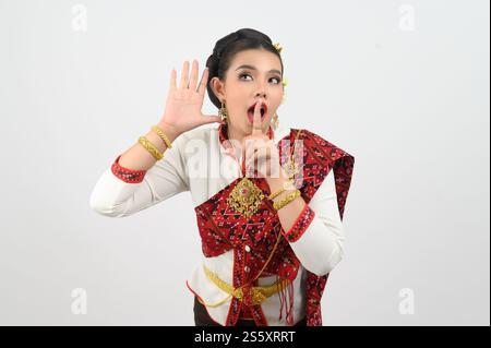 Portrait de belle femme en Thai Northern Traditional Clothing debout posant, jolie femme asiatique en costume Thai Lanna avec un sourire charmant Banque D'Images