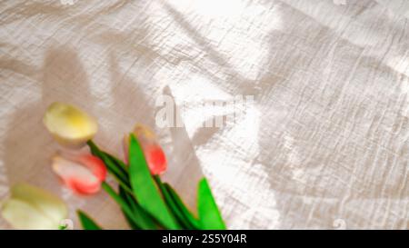 Tulipe avec toile de fond en tissu toile de lin blanc tissu de coton naturel froissé naturel lin fait main naturel vue de dessus arrière-plan textiles Eco organiques Blanc Banque D'Images