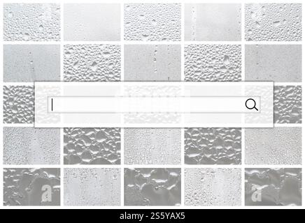 Le champ de recherche est situé au-dessus du collage de nombreux fragments de verre différents, décorés avec des gouttes de pluie du condensat. Noir et blanc Banque D'Images