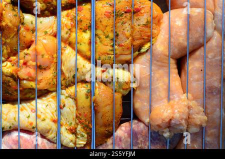 Délicieuses cuisses de poulet sur le gril du jardin. Cuisses de poulet marinées sur le barbecue chaud au charbon de bois. Bon snack pour la fête de week-end en plein air ou pique-nique. Banque D'Images