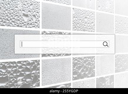 Le champ de recherche est situé au-dessus du collage de nombreux fragments de verre différents, décorés avec des gouttes de pluie du condensat. Noir et blanc Banque D'Images