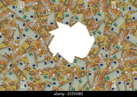 Motif faisant partie d'un gros plan sur un billet de 50 euros avec de petits détails marron. Billet en devise européenne. Partie du modèle du billet de 50 euros gros plan avec petit Banque D'Images