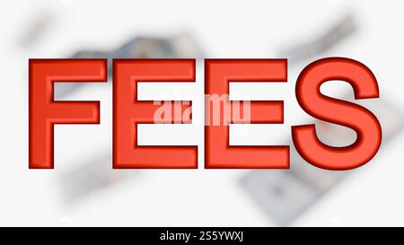 Rendu 3d du mot 'HONORAIRES' et des billets de cent dollars US (USD). Concept de finance, coût, dépense, charges, argent. Banque D'Images