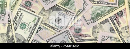 Beaucoup de billets de cinquante dollars US sur la surface de fond plat en gros plan. Vue de dessus à plat. Succès abstrait ou concept d'entreprise. Beaucoup de billets de cinquante dollars américains Banque D'Images