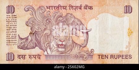 Éléphant rhinocéros et tigre représentés sur un billet de banque indien de dix roupies. 10 Roupie monnaie nationale de l'Inde INR. Gros plan sur la facture Orange Money. Éléphant Banque D'Images