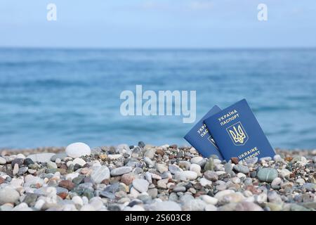 Nouveau passeport ukrainien biométrique vous permet de voyager dans les pays de villégiature européens de l'Union européenne sans visa. Document d'identité électronique sans visa. Banque D'Images