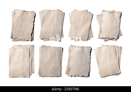 Ensemble de vieilles pièces vierges de papier antique vintage crumbling manuscrit ou parchemin orienté verticalement isolé sur blanc. Jeu de vieilles pièces vierges de Banque D'Images